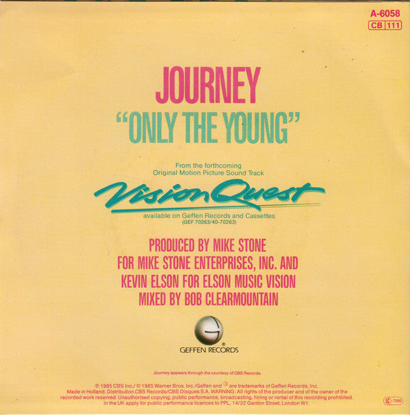 Journey : Only The Young (7", Single)