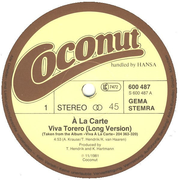 À La Carte : Viva Torero (Long Version) (12", Single, Sup)