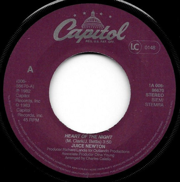 Juice Newton : Heart Of The Night (7", Single)