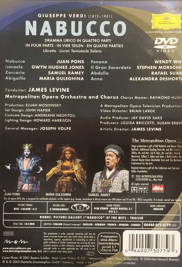 Giuseppe Verdi, Juan Pons, Maria Guleghina, Samuel Ramey, Wendy White (2), The Metropolitan Opera House Orchestra And Metropolitan Opera Chorus, James Levine (2) : Nabucco (DVD-V, Multichannel, NTSC)