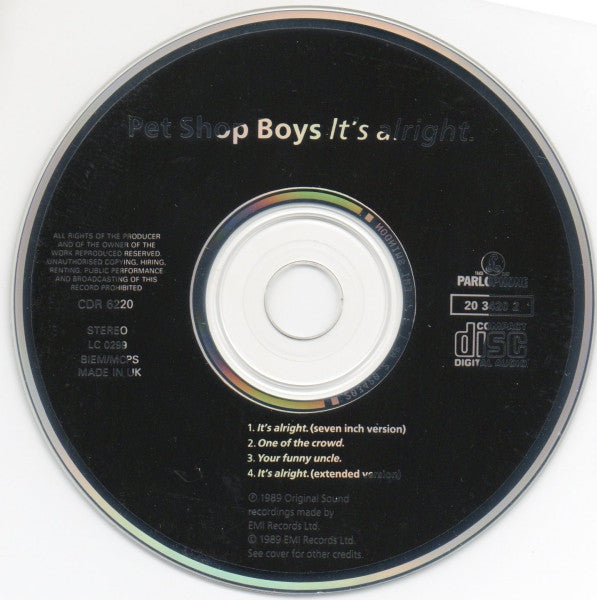 Pet Shop Boys : It's Alright (CD, Single, Car)