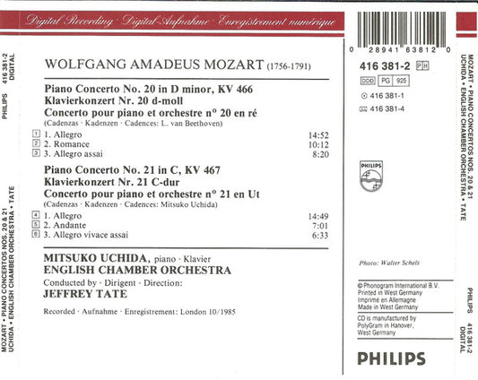 Wolfgang Amadeus Mozart, Mitsuko Uchida, English Chamber Orchestra, Jeffrey Tate : Piano Concertos = Klavierkonzerte No. 20 KV 466 · No. 21 KV 467 (CD, Album, RE, PDO)
