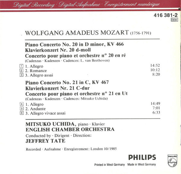 Wolfgang Amadeus Mozart, Mitsuko Uchida, English Chamber Orchestra, Jeffrey Tate : Piano Concertos = Klavierkonzerte No. 20 KV 466 · No. 21 KV 467 (CD, Album, RE, PDO)