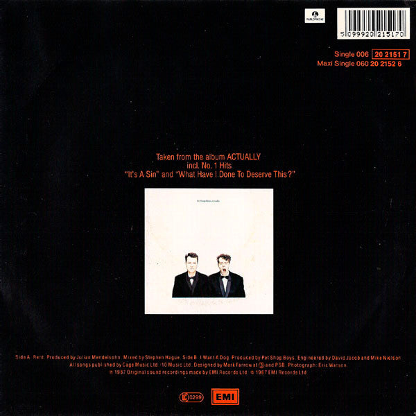Pet Shop Boys : Rent (7", Single, EMI)