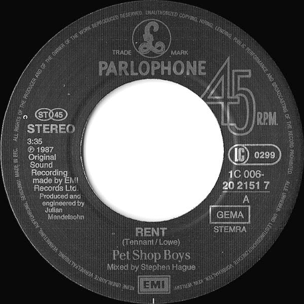 Pet Shop Boys : Rent (7", Single, EMI)