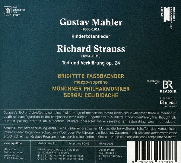 Gustav Mahler / Richard Strauss, Sergiu Celibidache, Brigitte Fassbaender, Münchner Philharmoniker : Kindertotenlieder / Tod Und Verklärung (CD, RM)