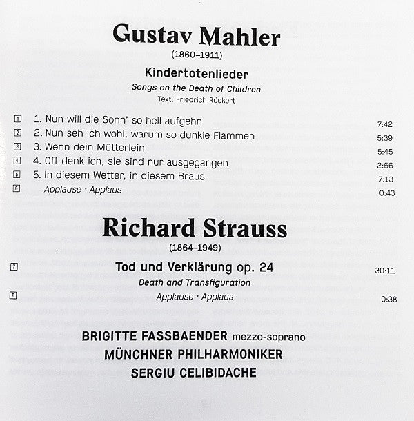 Gustav Mahler / Richard Strauss, Sergiu Celibidache, Brigitte Fassbaender, Münchner Philharmoniker : Kindertotenlieder / Tod Und Verklärung (CD, RM)