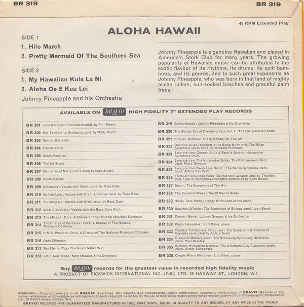 Johnny Pineapple And His Orchestra : Aloha Hawaii (7", EP, Sol)