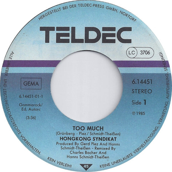 Hongkong Syndikat : Too Much (7", Single)