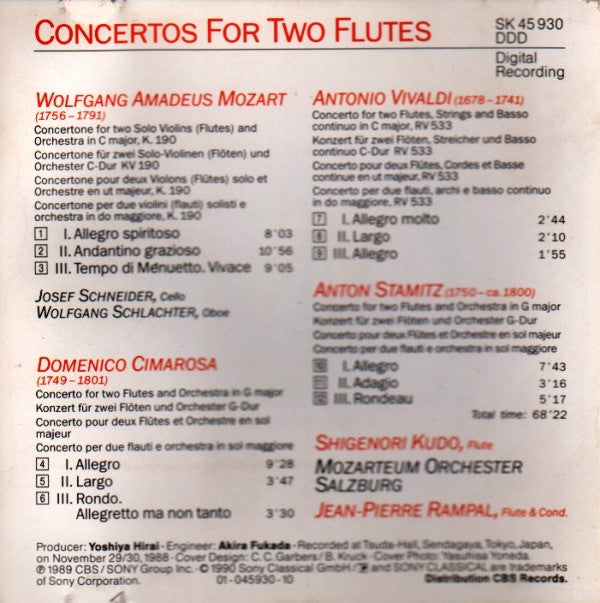 Wolfgang Amadeus Mozart ∙ Domenico Cimarosa ∙ Antonio Vivaldi ∙ Anton Stamitz, Das Mozarteum Orchester Salzburg, Jean-Pierre Rampal, Shigenori Kudo : Concertos For Two Flutes (CD, Album)