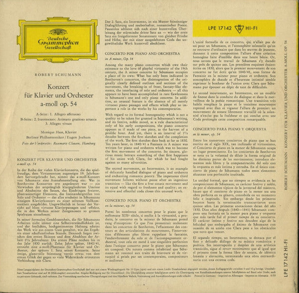 Robert Schumann, Monique Haas • Berliner Philharmoniker • Dirigent: Eugen Jochum : Konzert Für Klavier Und Orchester A-Moll Op. 54 (10", Mono)