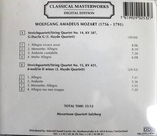 Wolfgang Amadeus Mozart - Mozarteum Quartett : Streichquartette = String Quartets (No. 14, KV 387, G-Dur/In G (1. Haydn Quartett) / No. 15, KV 421, D-Moll/In D Minor (2. Haydn Quartett) (CD)
