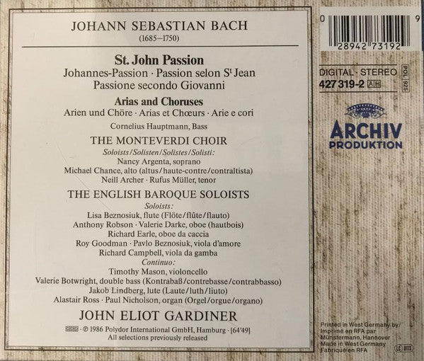 Johann Sebastian Bach - John Eliot Gardiner, The Monteverdi Choir, The English Baroque Soloists : St.John Passion (CD)