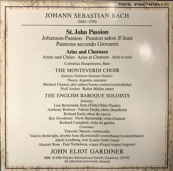 Johann Sebastian Bach - John Eliot Gardiner, The Monteverdi Choir, The English Baroque Soloists : St.John Passion (CD)
