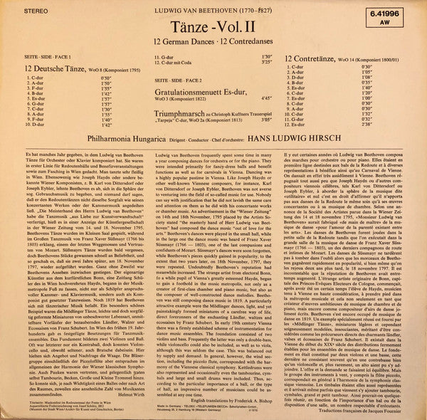 Ludwig van Beethoven - Philharmonia Hungarica, Hans Ludwig Hirsch : Tänze Vol. II  (12 German Dances • 12 Contre Danses) (LP)