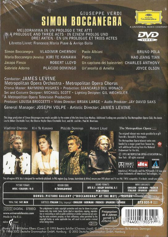 Giuseppe Verdi, James Levine (2), Vladimir Chernov, Kiri Te Kanawa, Placido Domingo, Robert Lloyd (4), Bruno Pola, The Metropolitan Opera House Orchestra And Metropolitan Opera Chorus : Simon Boccanegra (DVD-V, Multichannel, NTSC)
