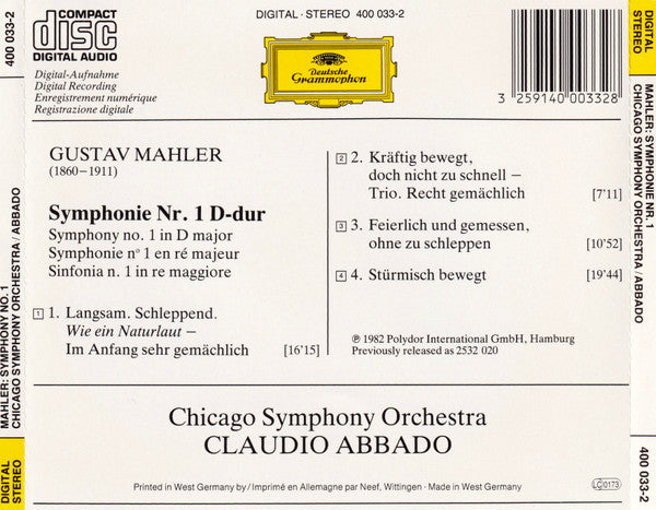 Gustav Mahler, Chicago Symphony Orchestra, Claudio Abbado : Symphonie No. 1 (CD, Album, RE, RP)