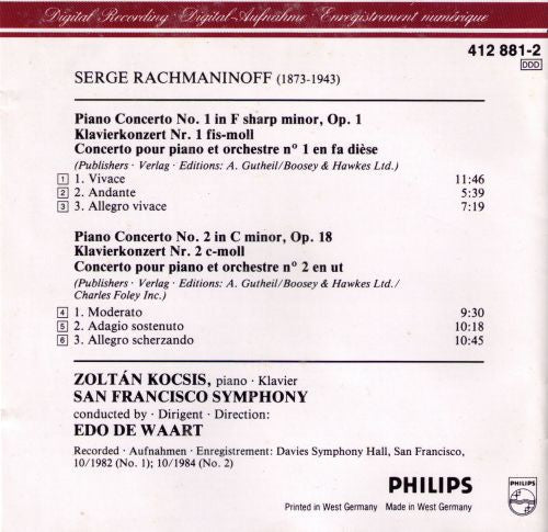 Sergei Vasilyevich Rachmaninoff, Zoltán Kocsis, San Francisco Symphony, Edo De Waart : Piano Concertos = Klavierkonzerte 1 & 2 (CD, Comp)
