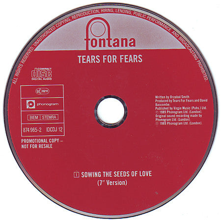 Tears For Fears : Sowing The Seeds Of Love (CD, Single, Promo)