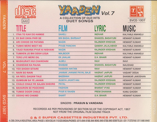 Prasun Mukherjee, Vandana Prohra : Yaaden - A Collection Of Old Hits Duet Songs Vol. 7 (CD, Comp)
