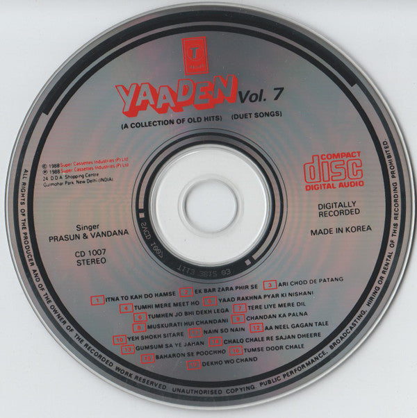 Prasun Mukherjee, Vandana Prohra : Yaaden - A Collection Of Old Hits Duet Songs Vol. 7 (CD, Comp)