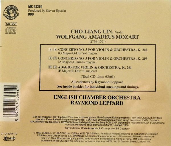 Wolfgang Amadeus Mozart - Cho-Liang Lin, English Chamber Orchestra, Raymond Leppard : Violin Concertos No. 3, K. 216 & No. 5, K. 219 (Adagio, K. 261) (CD, Album)