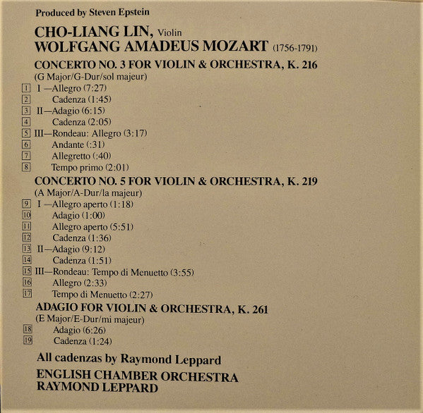 Wolfgang Amadeus Mozart - Cho-Liang Lin, English Chamber Orchestra, Raymond Leppard : Violin Concertos No. 3, K. 216 & No. 5, K. 219 (Adagio, K. 261) (CD, Album)