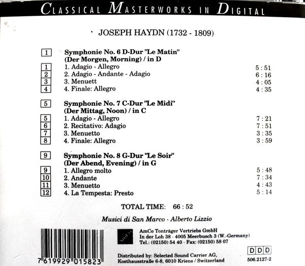 Joseph Haydn : Symphonien - No. 6 Le Matin = Der Morgen = Morning - No. 7 Le Midi = Der Mittag = Midday - No. 8 Le Soir = Der Abend = Evening (CD)