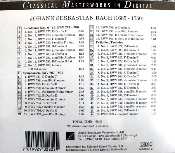 Johann Sebastian Bach : Inventionen Nos. 6 - 15 – Symphonien, BWV 787 - 801 Präludien/Preludes  (CD)