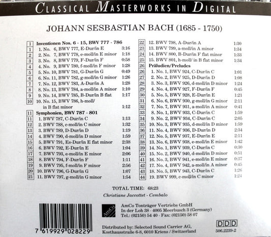 Johann Sebastian Bach : Inventionen Nos. 6 - 15 – Symphonien, BWV 787 - 801 Präludien/Preludes  (CD)
