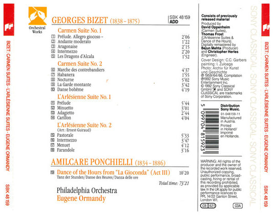 Georges Bizet, Amilcare Ponchielli - The Philadelphia Orchestra, Eugene Ormandy : Carmen Suites • L'Arlésienne Suites • Dance Of The Hours From "La Gioconda" (CD, Comp, RM)