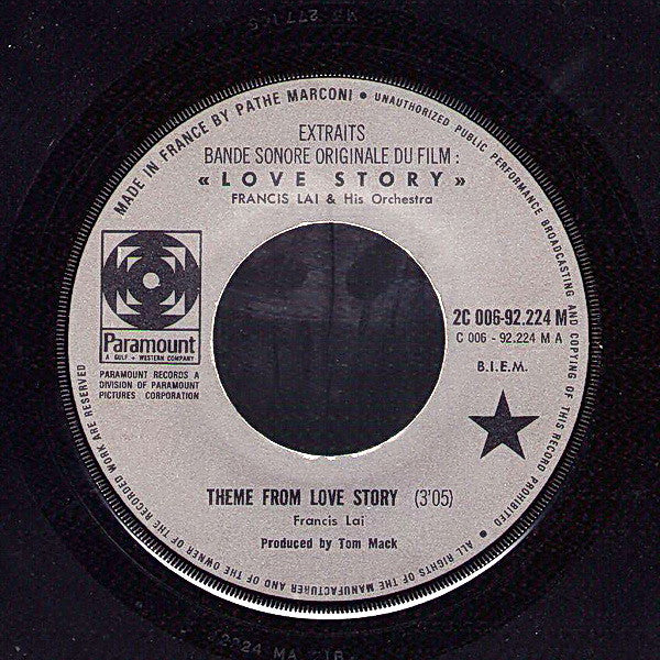 Francis Lai : Bande Originale Du Film Love Story (7", Single)