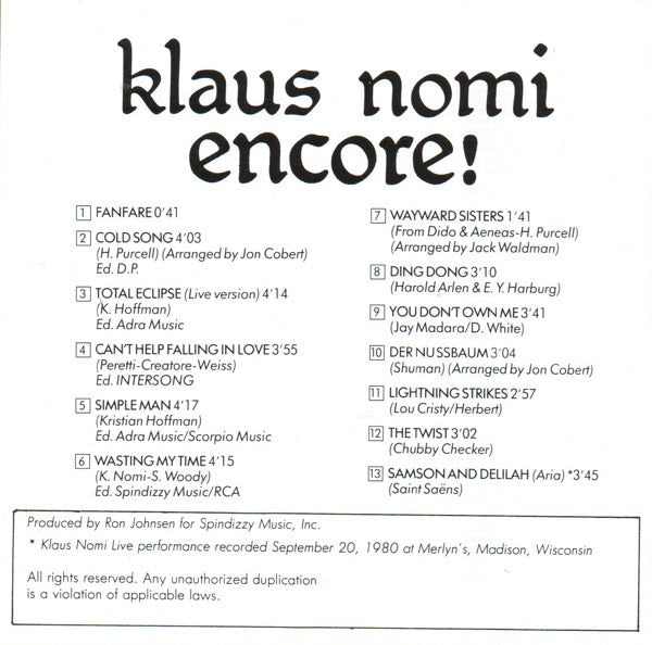 Klaus Nomi : Encore! (CD, Comp, RE)