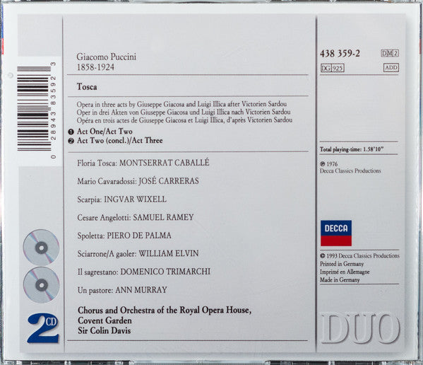 Giacomo Puccini, Montserrat Caballé, José Carreras, Ingvar Wixell, Orchestra Of The Royal Opera House, Covent Garden - Sir Colin Davis : Tosca (2xCD, Album, RE)
