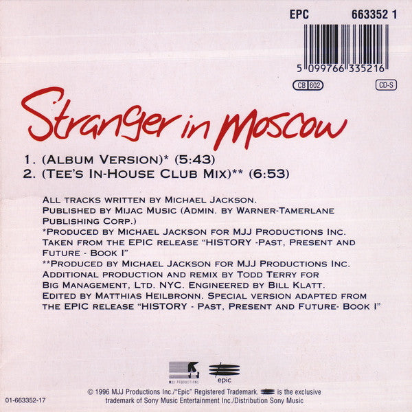 Michael Jackson : Stranger In Moscow (CD, Single, Car)