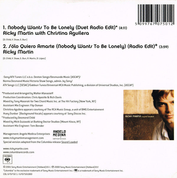 Ricky Martin With Christina Aguilera : Nobody Wants To Be Lonely (CD, Single, Car)