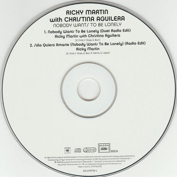 Ricky Martin With Christina Aguilera : Nobody Wants To Be Lonely (CD, Single, Car)