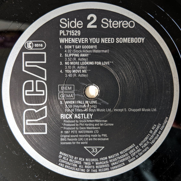 Rick Astley : Whenever You Need Somebody (LP, Album, Pos)