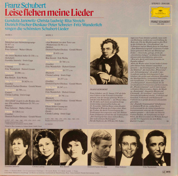 Franz Schubert - Gundula Janowitz • Christa Ludwig • Rita Streich • Dietrich Fischer-Dieskau • Peter Schreier Und Fritz Wunderlich : Leise Flehen Meine Lieder (LP, Comp)