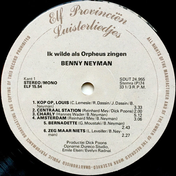 Benny Neyman : Ik Wilde Als Orpheus Zingen (LP, Album)