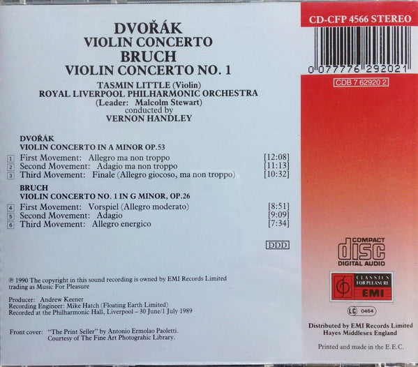 Max Bruch, Antonín Dvořák, Tasmin Little, Royal Liverpool Philharmonic Orchestra, Vernon Handley : Violin Concerto No. 1 In G Minor, Op.26 / Violin Concerto In A Minor, Op.53 (CD)