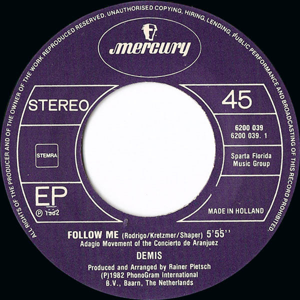 Demis Roussos : Follow Me (7", EP, Single)