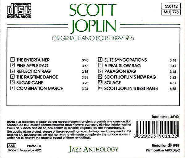 Scott Joplin : Original Piano Rolls 1899-1916 (CD, Comp, Mono, RE)