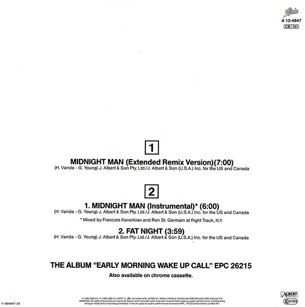 Flash & The Pan : Midnight Man (Extended Remix Version) (12", Maxi)