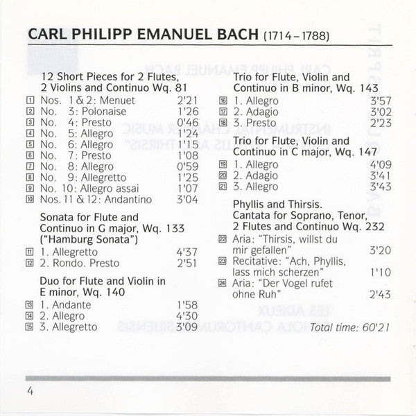 Carl Philipp Emanuel Bach - Les Adieux, Schola Cantorum Basiliensis : Instrumental Chamber Music / Cantata "Phyllis And Thirsis" (CD, Comp)