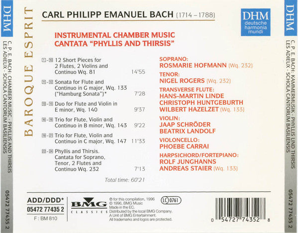 Carl Philipp Emanuel Bach - Les Adieux, Schola Cantorum Basiliensis : Instrumental Chamber Music / Cantata "Phyllis And Thirsis" (CD, Comp)