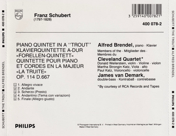 Franz Schubert, Alfred Brendel, The Cleveland Quartet : Forellenquintett Op. 114 "The Trout" "La Truite" (CD, Album, Blu)