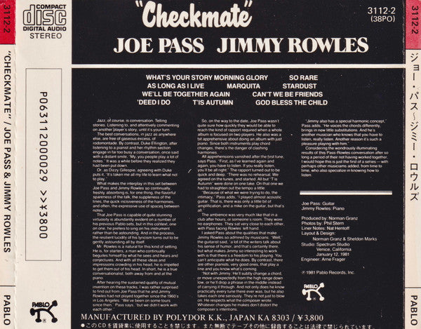 Joe Pass / Jimmy Rowles : Checkmate (CD, Album, RE)