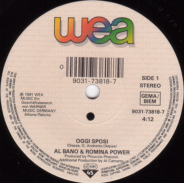Al Bano & Romina Power : Oggi Sposi (7", Single)