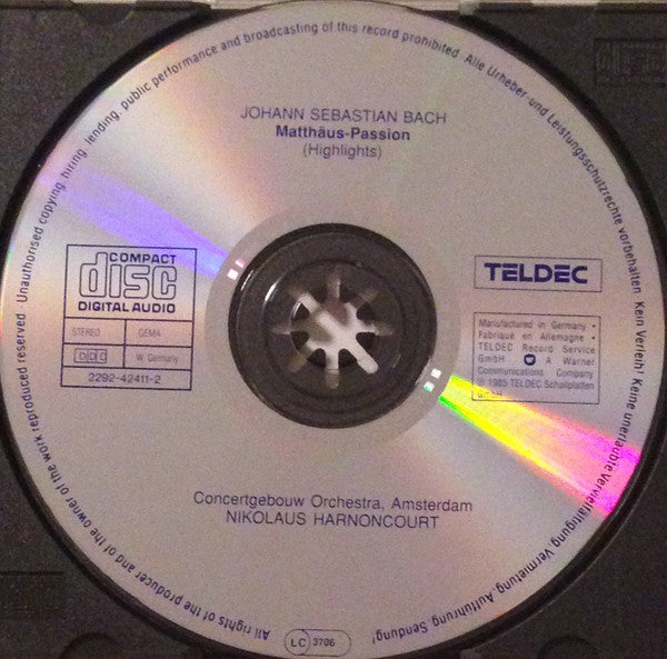 Johann Sebastian Bach, Concertgebouw Orchestra* & Concertgebouw Chorus, Nikolaus Harnoncourt, Kurt Equiluz • Robert Holl • Arleen Auger • Sheri Greenawald • Jadwiga Rappe* • Anton Scharinger • Ruud van der Meer : Matthäus-Passion (Highlights) (CD, Album, RE)
